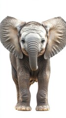 Obraz premium Cute Baby Elephant with Large Ears Standing Against White Background