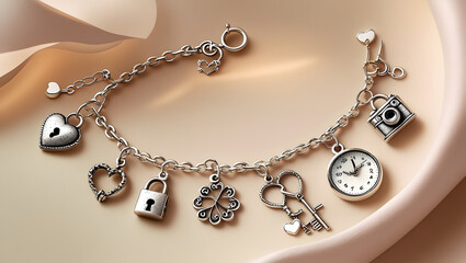 An antique-finish silver charm bracelet with romantic milestone charms—hearts, padlock and key, camera, clover, and clock—on a slender chain with a toggle clasp.