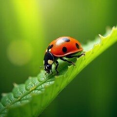 Obraz premium Close-up of a vibrant ladybug on green leaf showcasing intricate details in lush natural environment