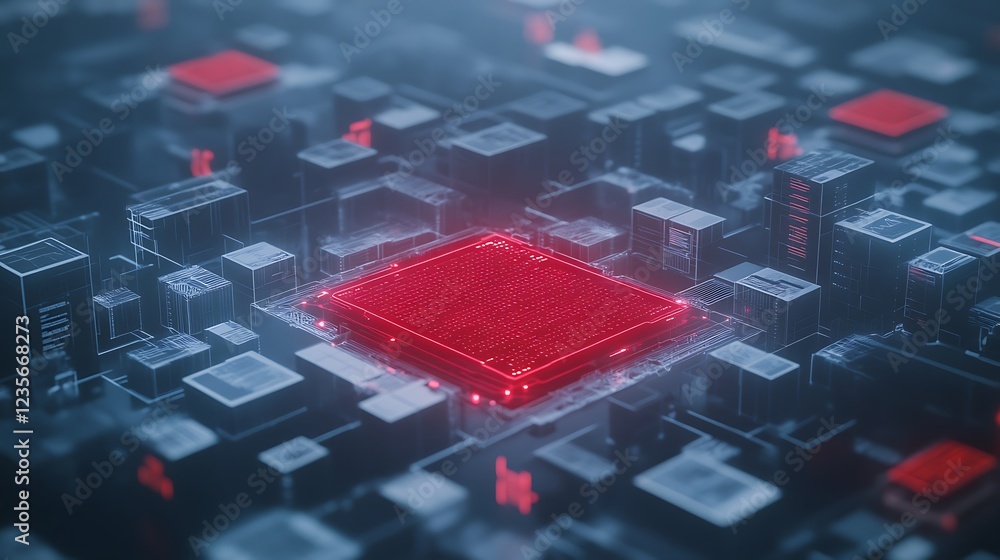 Poster Digital circuit board with a glowing red microchip at the center, surrounded by dark geometric shapes.