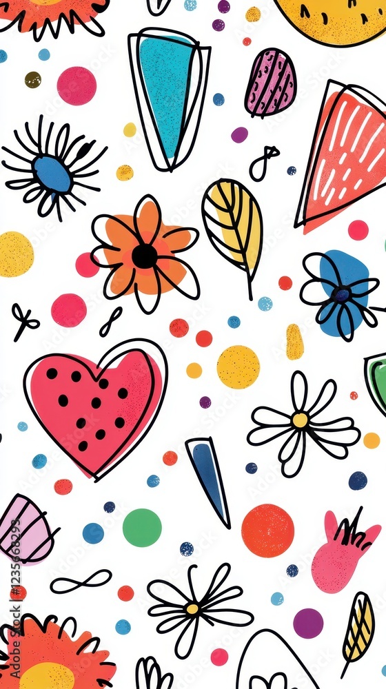 Poster colorful abstract pattern with fun shapes and doodles on white background