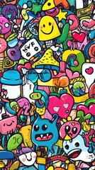 Obraz premium Colorful Doodle Pattern with Whimsical Characters and Objects