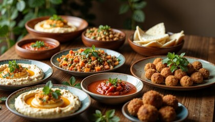 Traditional Middle Eastern dishes arranged beautifully on wooden table with fresh herbs and spices