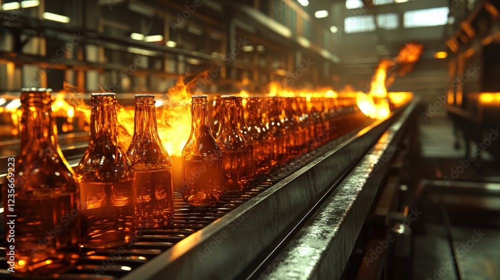 Aufkleber a factory conveyor with glass bottles being pasteurized by fire, illustrating the industrial process