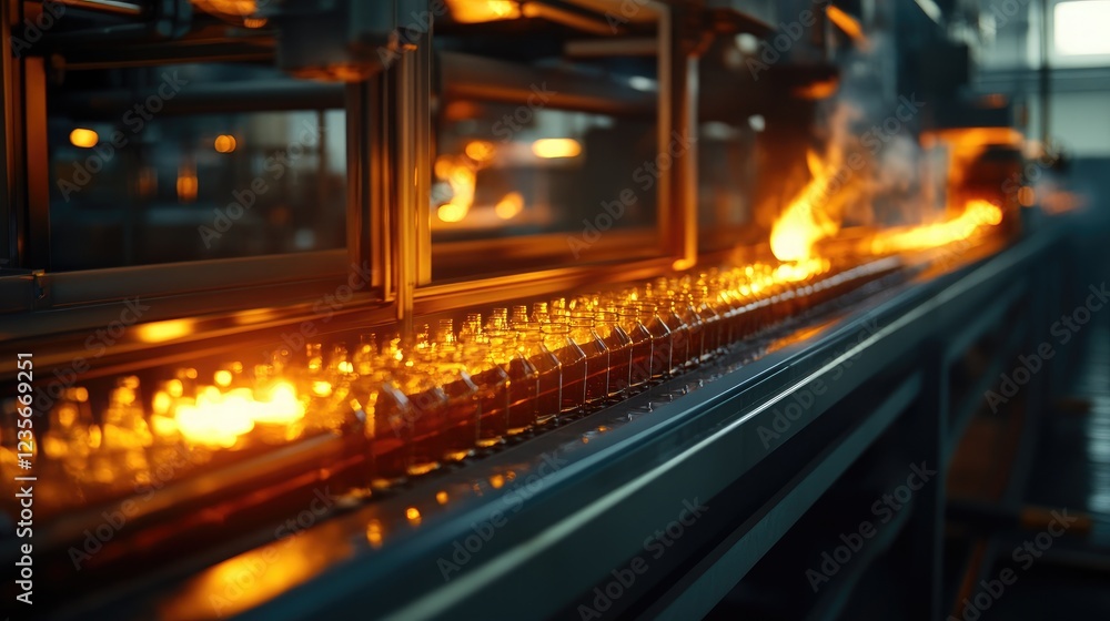 Poster A factory conveyor with glass bottles being pasteurized by fire, illustrating the industrial processing of beverages in an efficient production line
