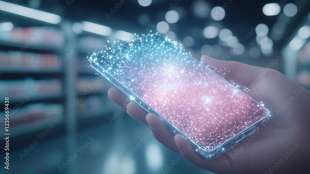 Poster hand holding a glowing smartphone with sparkling effects in a modern retail environment.