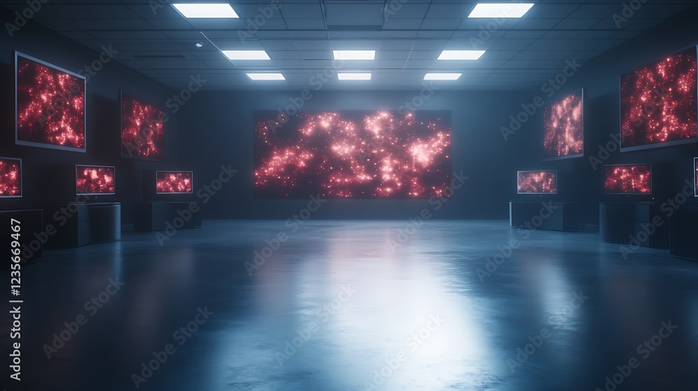 Aufkleber futuristic room with glowing screens displaying red patterns and a sleek, modern aesthetic.