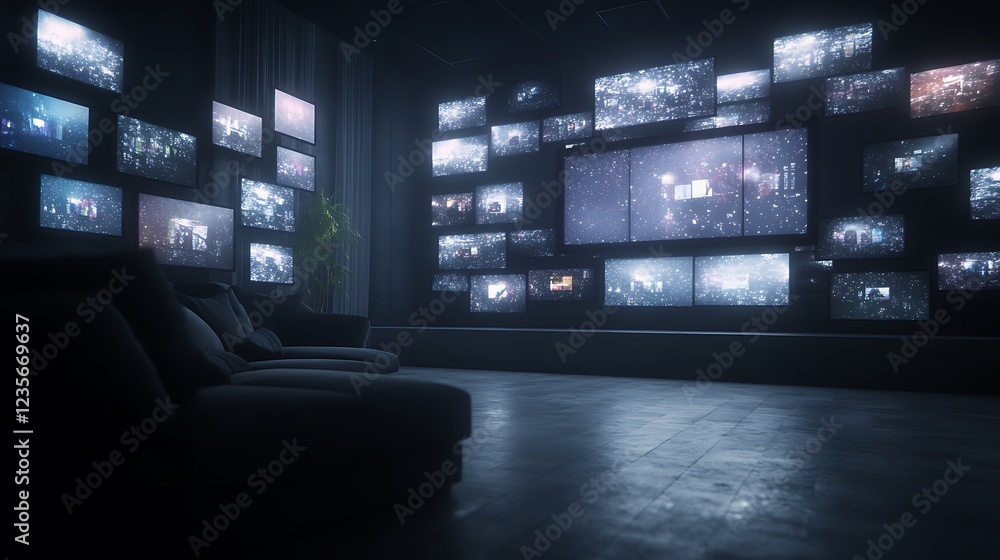 Poster A dimly lit room featuring multiple screens displaying various visuals, creating a futuristic atmosphere.