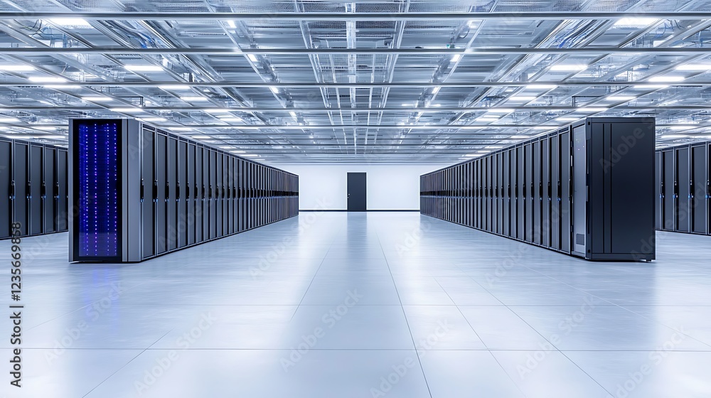 Poster modern data center featuring rows of servers in a bright, spacious environment.