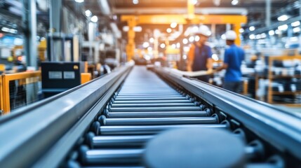 A conveyor belt in a factory setting with workers in the background.