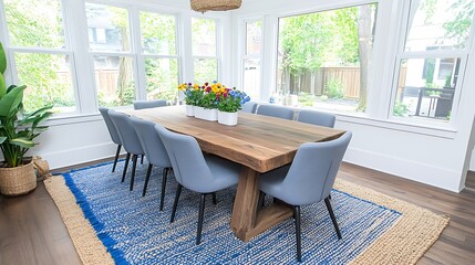 Fototapeta premium Sunny Dining Room with Rustic Wood Table Blue Chairs and Floral Centerpiece