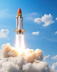 A rocket launches into a clear blue sky, leaving behind clouds of smoke and flames, symbolizing exploration and technological advancement.