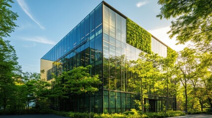 Modern green office building, sunny day, trees, sustainable design, corporate image