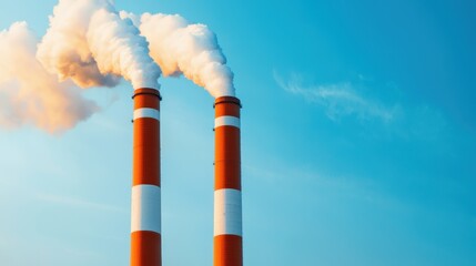Two tall smokestacks emit white smoke against a clear blue sky, highlighting industrial activity and environmental concerns.