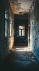 Abandoned Corridor in Derelict Building with Faded Walls and Light