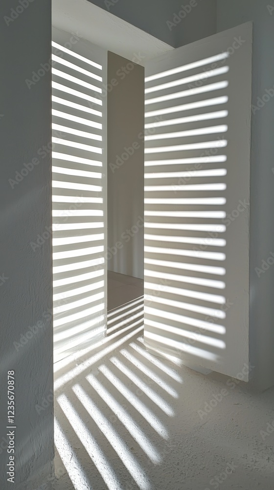 Poster light and shadow play through open door with striped reflection