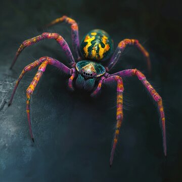 Vibrant spider with colorful legs and cephalothorax on dark background.