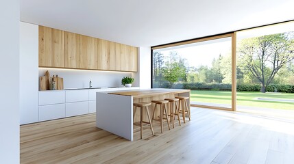Modern Minimalist Kitchen Design with Island Wooden Cabinets and Large Windows Overlooking a Lush
