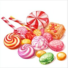 Colorful Assortment of Candy Confections on White Background for Sweet Treats and Desserts