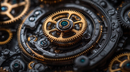 Fototapeta premium Close-Up of Clockwork Mechanism with Gears and Cogs in Motion