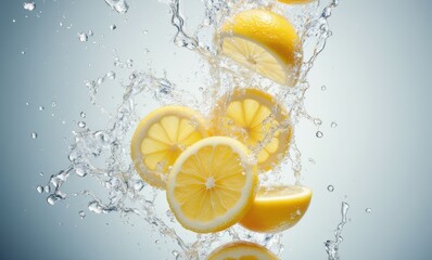 Fresh lemons splashing in clear water