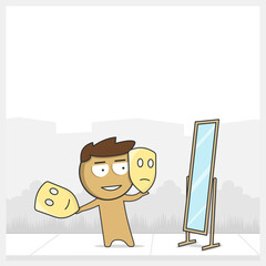 Actor with actor masks in front of a mirror