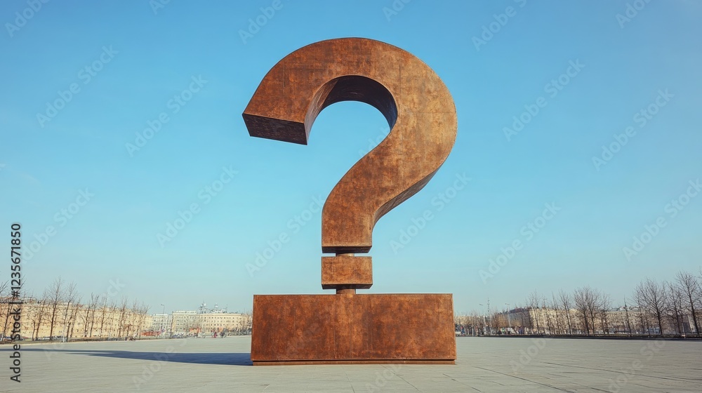 Poster a giant d-shaped question mark statue towering over an empty plaza with a wide, clear blue sky in th