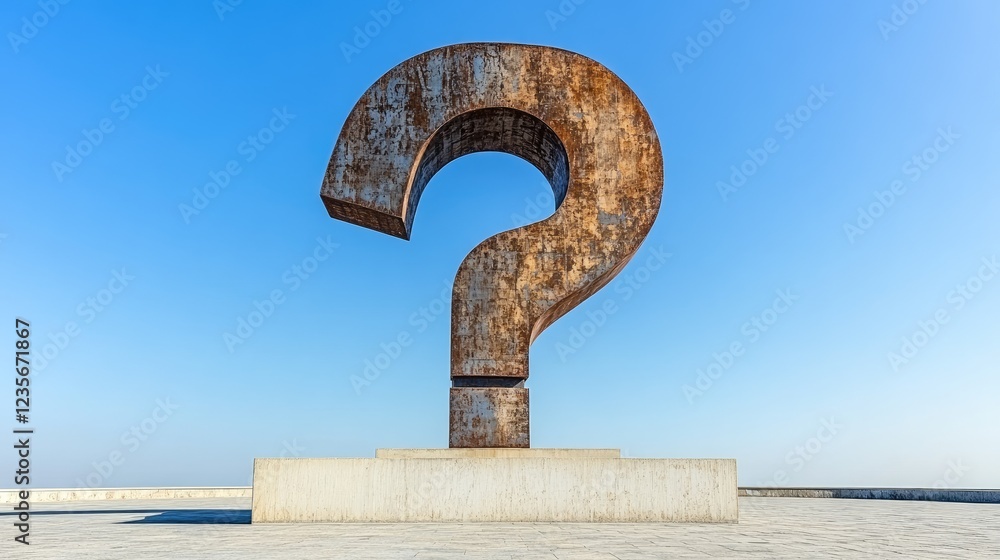 Poster a giant d-shaped question mark statue towering over an empty plaza with a wide, clear blue sky in th