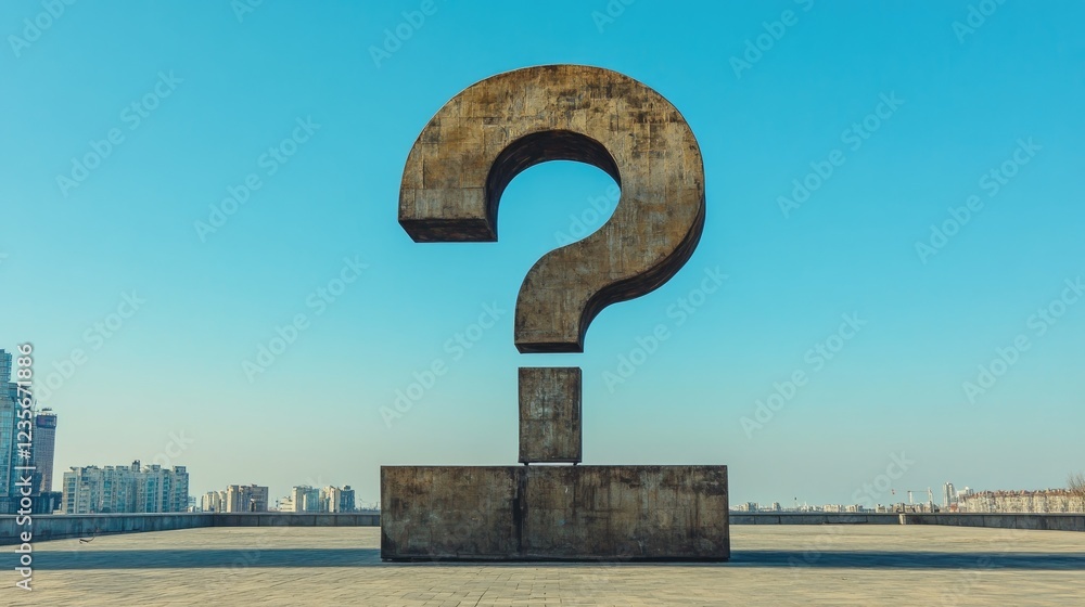 Poster a giant d-shaped question mark statue towering over an empty plaza with a wide, clear blue sky in th