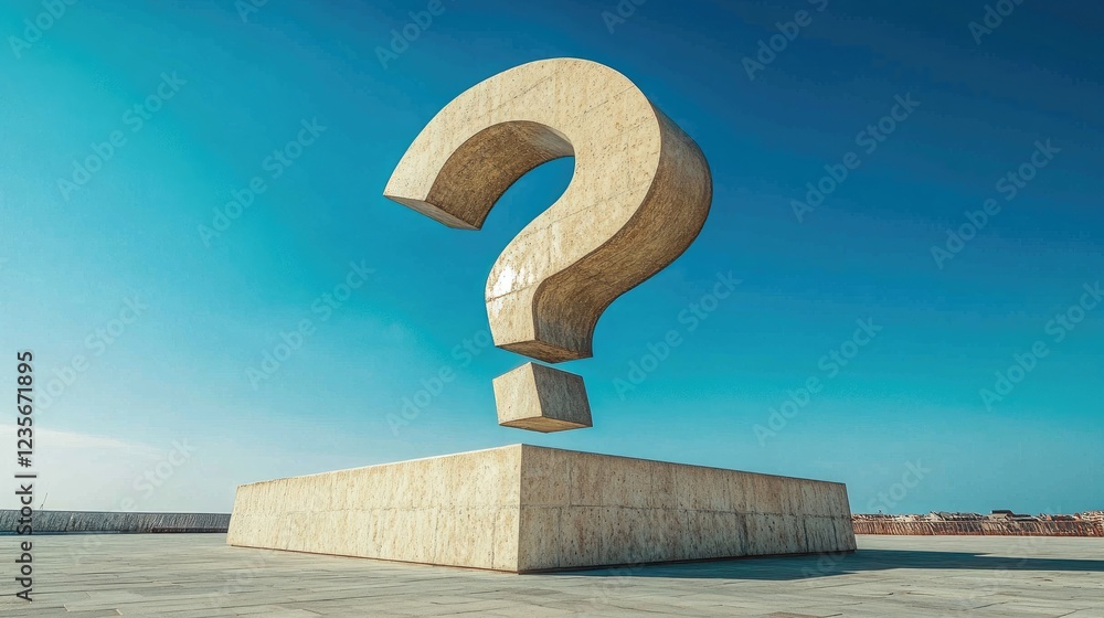 Poster a giant d-shaped question mark statue towering over an empty plaza with a wide, clear blue sky in th