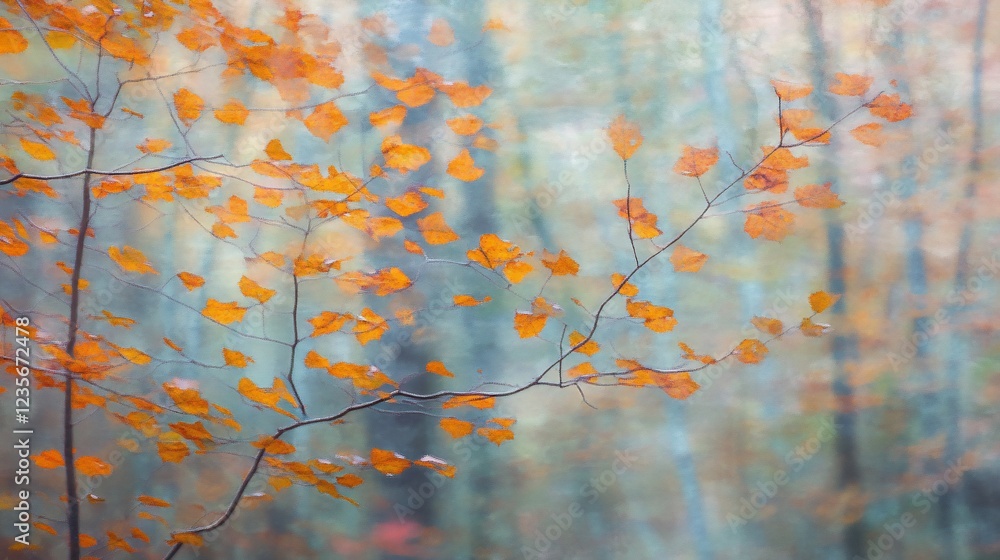 Poster autumnal leaves display a stunning array of oranges and browns on a tree branch