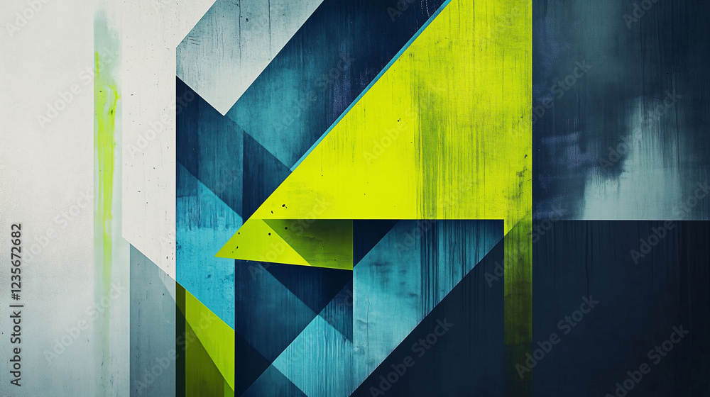 Poster modern abstract composition featuring geometric shapes and vibrant colors in a dynamic arrangement. 