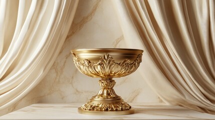 A golden pedestal with a shiny surface, elegantly showcasing a premium product against a soft, neutral background for a luxurious look