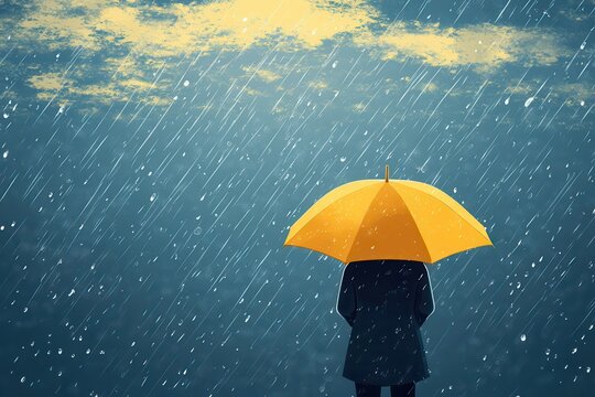 Person Holding a Yellow Umbrella to Shield Against Rain and Doubts During a Quiet Evening. Generative AI