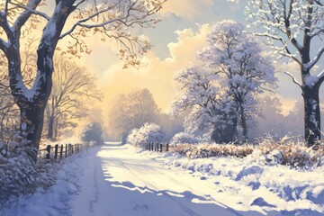 Obraz premium A peaceful countryside lane covered in fresh snow, surrounded by trees in warm sunlight.