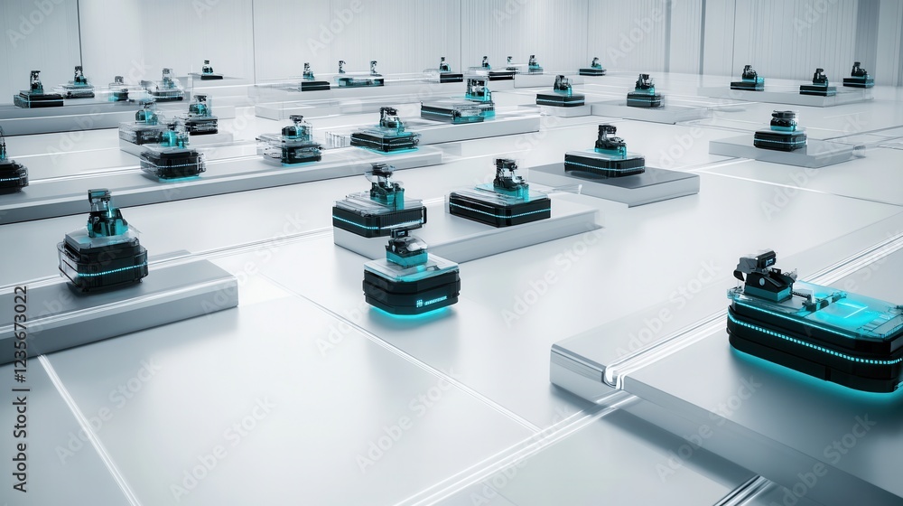 Poster futuristic warehouse filled with autonomous robots navigating a high-tech storage facility