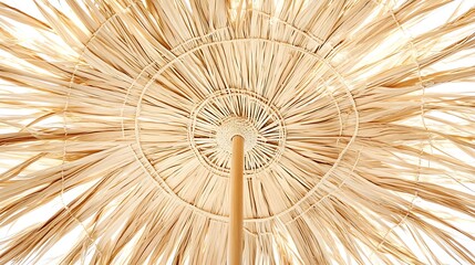 Beach umbrella with thatched roof and wooden pole for tropical sun protection