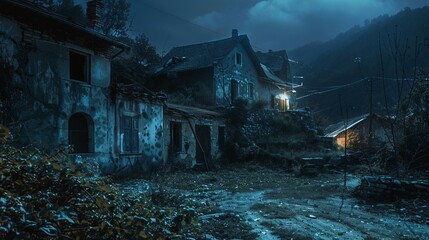Spooky abandoned village at night