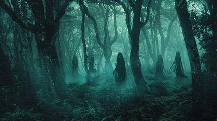 Haunted forest with ghostly apparitions