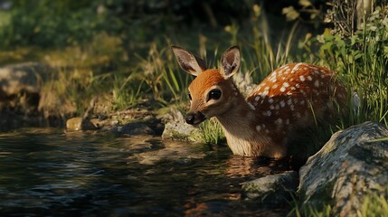 Fototapeta premium A fawn wades in shallow water near rocks, surrounded by lush greenery.