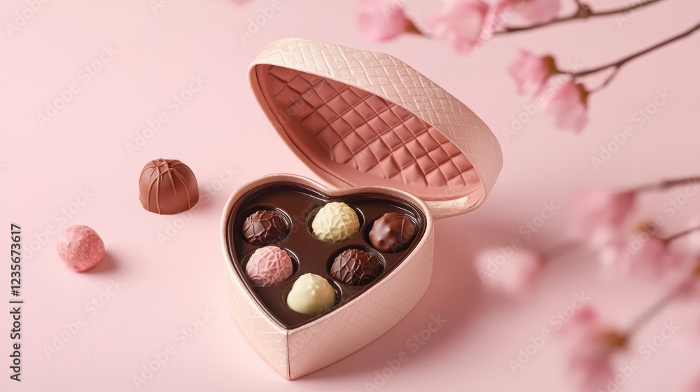 Poster a heart-shaped box of chocolates opened to reveal an assortment of truffles and pralines, set agains