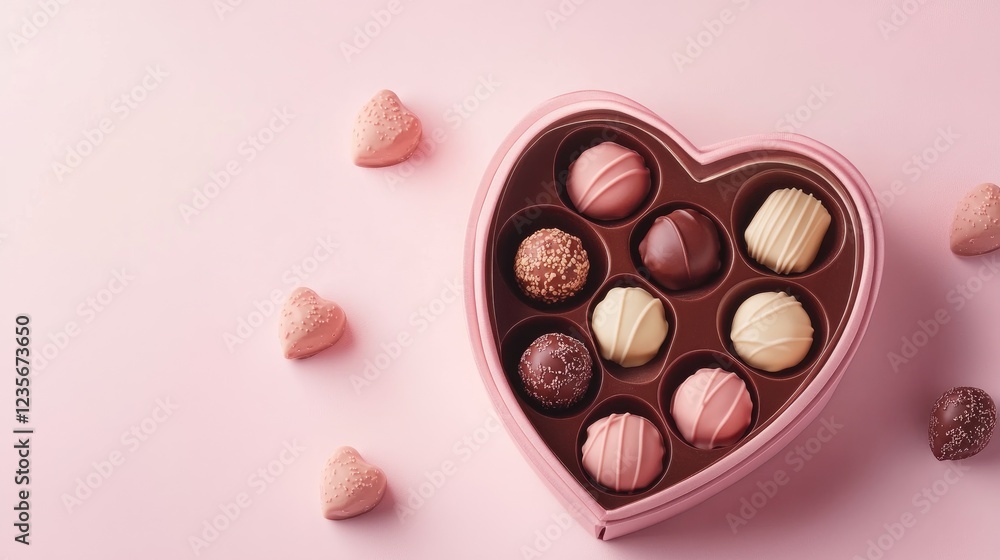 Poster a heart-shaped box of chocolates opened to reveal an assortment of truffles and pralines, set agains