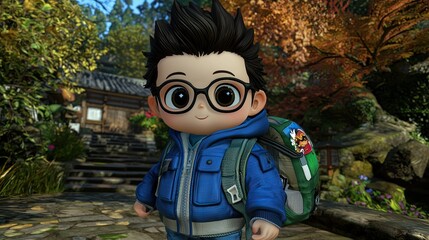 Boy, anime style, backpack, autumn, temple, Japan, adventure, illustration