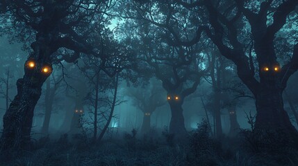 Haunted forest with glowing eyes