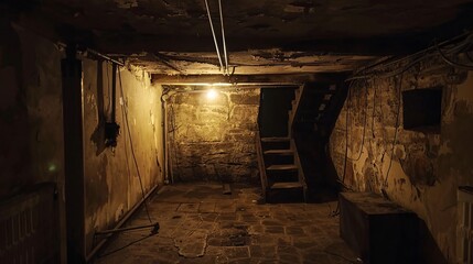 Dark and creepy basement with eerie lights