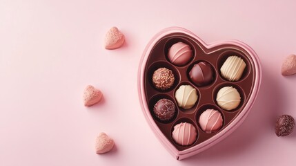 A heart-shaped box of chocolates opened to reveal an assortment of truffles and pralines, set against a delicate pink background