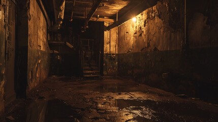 Dark and creepy basement with eerie lights