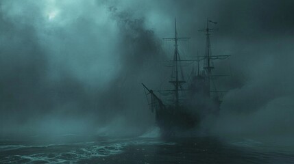 Spooky ghost ship in a foggy sea