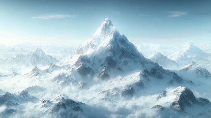 Obraz premium Snowy peak above clouds, aerial view, winter landscape, travel poster