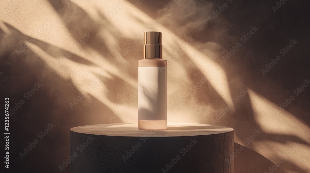 Poster a high-end me lotion bottle on a podium, illuminated by gentle spotlights, emphasizing its smooth te